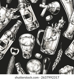 An artistic arrangement of different beer bottles and glasses showcasing bubbles and foam. The backdrop is solid black emphasizing the detailed illustrations. Perfect for a brewery or pub theme.