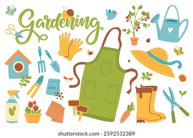 An artistic arrangement of gardening equipment including gloves, an apron, tools, and decorative elements. The joy of gardening, connecting with nature, and planting in a cheerful and vibrant style.