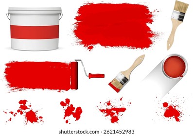 Artistic arrangement of paint supplies, including brushes and red paint splatters, represents creativity and vibrant artistic expression in visually engaging manner. Vector illustration.