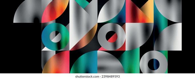 Artistic arrangement of triangles, lines, and circular elements in a mesmerizing geometric mosaic pattern, offering a visually dynamic and captivating composition