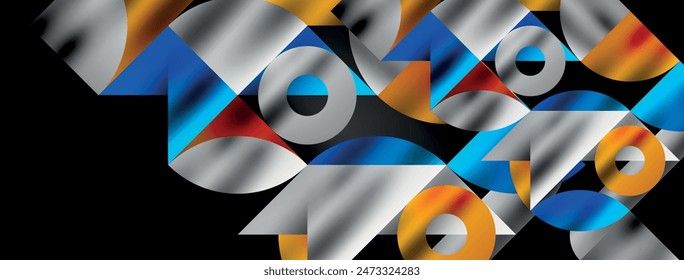 Disposición artística de triángulos, líneas y Elementos circulares en un patrón de mosaico geométrico hipnotizante, que ofrece una composición visualmente dinámica y cautivadora