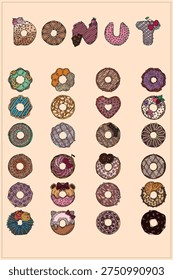 An artistic arrangement of uniquely decorated donuts, some shaped like letters, others as classic rings, showcasing a variety of toppings and styles