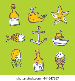 Artistic art design of sea ecosystem, including fish, starfish, jellyfish, ship, anchor, bottle for poster, blog, article, magazine, or for fun.
