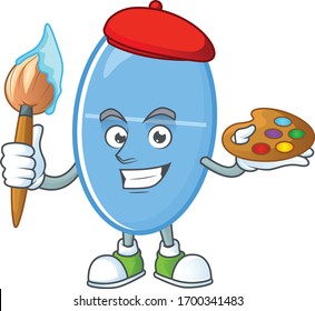 Artistic Artist of blue capsule cartoon character painting with a brush