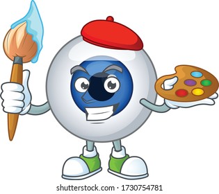 Artistic Artist of human eye ball cartoon character painting with a brush