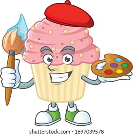Artistic Artist of strawberry cupcake cartoon character painting with a brush