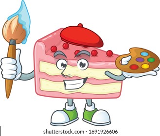 Artistic Artist of strawberry slice cake cartoon character painting with a brush