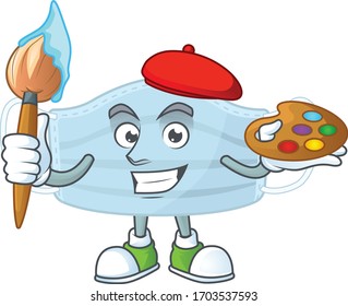 Artistic Artist of surgery mask cartoon character painting with a brush