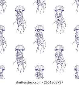 Arte artística mostrando águas-vivas em seu habitat oceânico natural. A composição combina transparência subaquática, plâncton e elementos serenos à beira-mar.