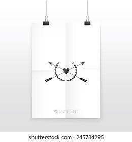 Artistic Authentic Archery Vector Insignia Composition With Two Crossing Arrows Hitting a Heart Framed With Black Crowning.  A4 Sheet Mock Up in CMYK Color Mode