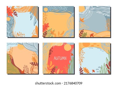 Artistic autumn card set.Six abstract modern background with leaves, ears, spots, dots, lines,stroke in blue,yellow,orange colors.Stationary template design.Vector flat illustration.