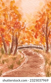 Artistic Autumn Landscape Watercolor Painting Background