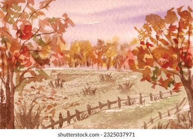 Artistic Autumn Landscape Watercolor Painting Background