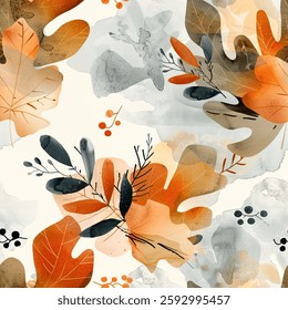 Artistic Autumn Orange Brown Blue Grey Oak Eucalyptus Leaf Foliage Watercolor Abstract Scandinavian Design Seamless Pattern Wallpaper Curtain Bedding Background Upholstery Gift Wrapping Paper Vector