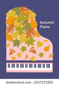 Artistic autumn poster with pink piano leaves and text, on a blue  background. Modern geometric style. For music magazines; banners; posters; invitation cards