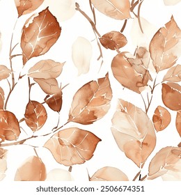 Artistic Autumn Terra Brown Earth Eucalyptus Leaf Watercolor Abstract Scandinavian Design Seamless Pattern Wallpaper Curtain Bedding Background Upholstery Gift Wrapping Paper Vector 