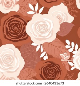 Artistic Autumn Terra Brown French Grey White Abstract Wild Rose Flower Elegant Leaf Watercolor Scandinavian Design Seamless Pattern Wallpaper Curtain Bedding Upholstery Pastel Background Vector