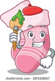 An artistic baby socks artist mascot design paint using a brush