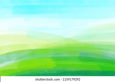 artistic backdrop, vector with brush strokes, watercolor look background with colorful hand painted stains, watercolor minimalistic landscape with green hills and blue sky