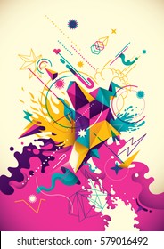 Artistic background with abstract composition, made of various geometric shapes, paths and splashes in intense colors. Vector illustration.