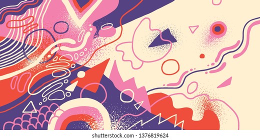 Artistic background in abstract style, made of various fluid hand drawn shapes in color. Vector illustration.