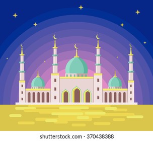 Artistic background with blue mosque for Ramadan and Eid vector illustration.
