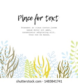 Artistic background with a floral pattern. Leaves, branches. Seaweed. Simple scandinavian design. Nordic style. Creative greeting card, invitation, banner, poster, cover.