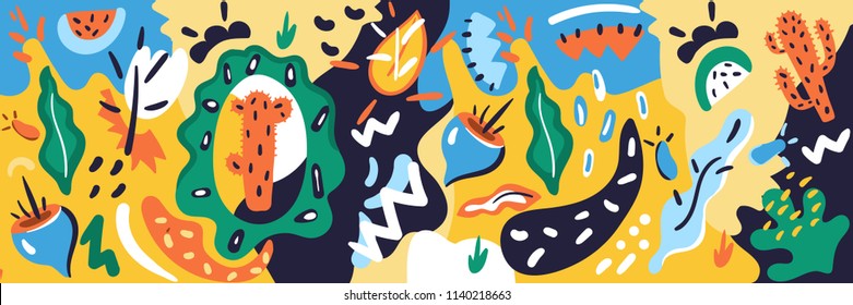 Artistic background with hand drawn cacti, leaves, flowers and abstract shapes. Contemporary art, modern design for website banner, header, poster, cover, greeting card, invites. Vector illustration