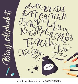 Artistic background with jar of ink pens and hand drawn alphabet flat doodle vector Illustration  