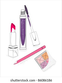 artistic background with lipstick, and mascara, eye-shadows and pencil
