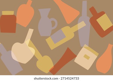 Artistic background made of stacked bottles and vases of various shapes