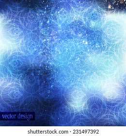 Artistic background with magic blue blurry cosmic texture, nice decorative pattern and falling snow lighting effect.