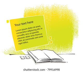 artistic background, open book and paper sheets motives