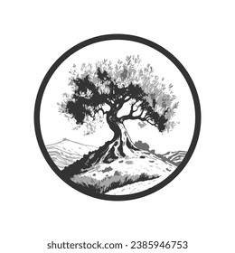 Artistic badge with an olive tree on a hill, mediterranean food style, label design, vector illustration