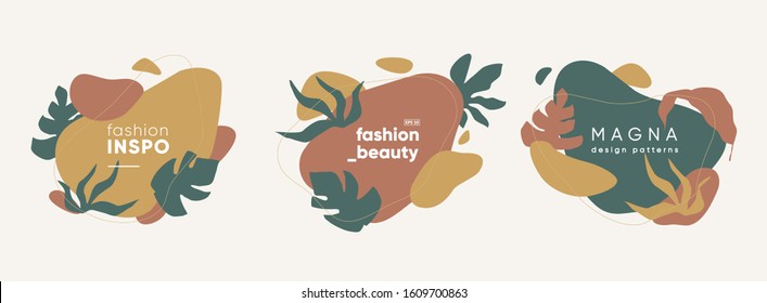 Artistic badges set. Simple shapes with floral elements composition.