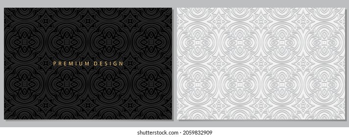 Artistic banners, set of white and black cover designs, horizontal vintage vector templates. Geometric volumetric convex ethnic 3D pattern. Eastern, Indonesian, Mexican, Aztec style.