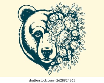 Artistic Bear Head with Floral Design Illustration for Nature and Wildlife Lovers Ideal for Tattoos and Decorative Artwork