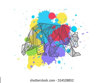 Artistic bear on the colorful blots background. Stylized graphic illustration. Vector wild animal.