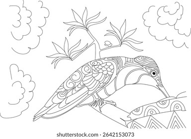 Artistic Bird Illustration on Branch, Detailed black and white line drawing illustration of a bird perched on a decorative branch, featuring intricate patterns on the bird and branch, with abstract