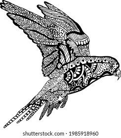 Artistic Bird (parrot design) Vector Illustration line drawing. Indian bird black and white clip art line drawing. Bird filled with artistic henna design illustration.