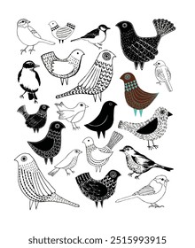 Artistic bird sketches display various forms, patterns, and textures, with a mix of vibrant and monochrome hues, showcasing creative diversity.