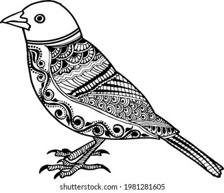 Artistic Bird Vector Illustration line drawing. Indian bird black and white clip art line drawing. Bird filled with artistic henna design illustration.