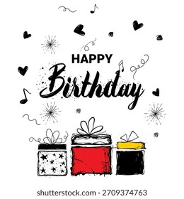Composición artística de cumpleaños con tres cajas de regalo dibujadas a mano, corazones, estrellas y líneas expresivas. Divertida ilustración estilo boceto para tarjetas, carteles y diseño de celebración.