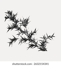 Artistic black bamboo branch with sharp leaves on a light background. Bamboo branch design with intricate leaf details. Bamboo art in a minimalist style. Vintage art illustration vector.