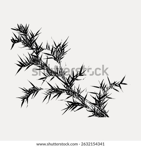 Artistic black bamboo branch with sharp leaves on a light background. Bamboo branch design with intricate leaf details. Bamboo art in a minimalist style. Vintage art illustration vector.