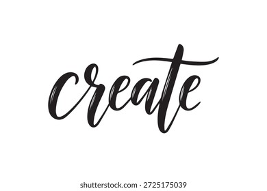 Caligrafía artística negra 'crea' sobre un fondo blanco limpio, mostrando un estilo creativo de escritura a mano y una cita inspiradora