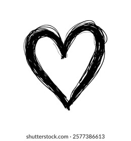 Artistic black heart illustration drawn with sketchy lines in a hand-drawn style on a plain white background, symbolizing love. Valentine's day illustration.