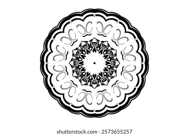 Artistic black mandala with sun or moon central motif, radiating concentric circles for meditation and decor	
