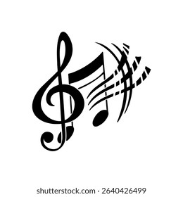 Artistic black musical notes design creating a flowing melody and rhythm on a white background