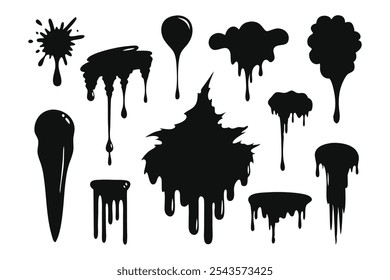 Conjunto de textura de pintura negra artística Ilustración vectorial plana aislada sobre fondo blanco.